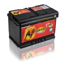 Svart batteri med tjurlogo och texten "Banner Running Bull."